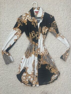 Guess Black White & Gold Baroque Button-Up Shirt Dress